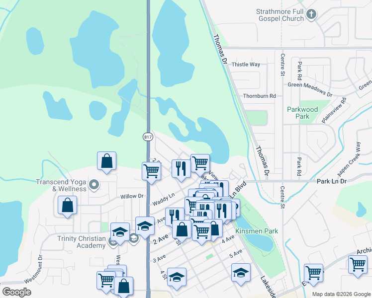 map of restaurants, bars, coffee shops, grocery stores, and more near in Strathmore