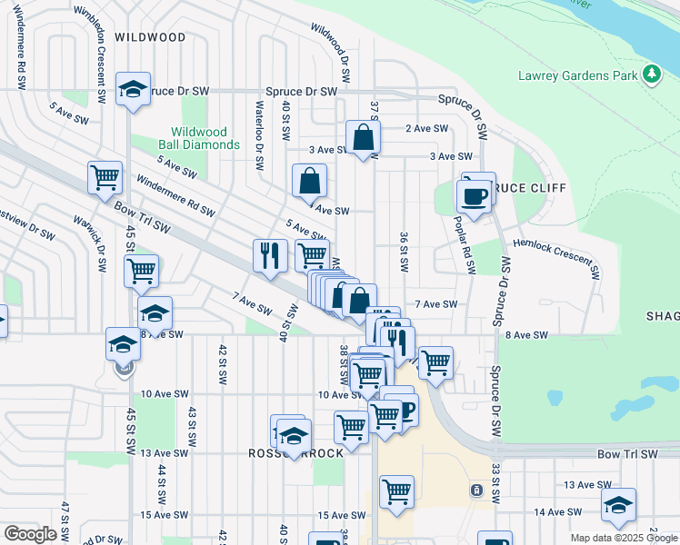 map of restaurants, bars, coffee shops, grocery stores, and more near 640 38 Street Southwest in Calgary