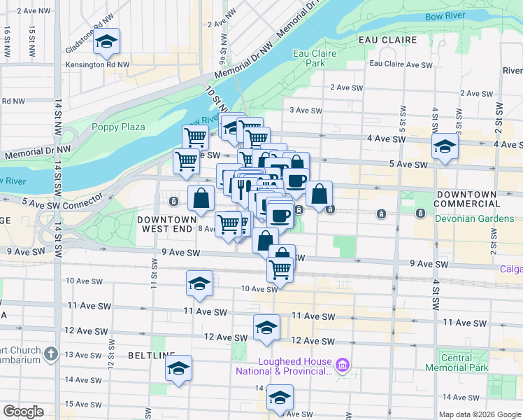map of restaurants, bars, coffee shops, grocery stores, and more near 909 7 Avenue Southwest in Calgary