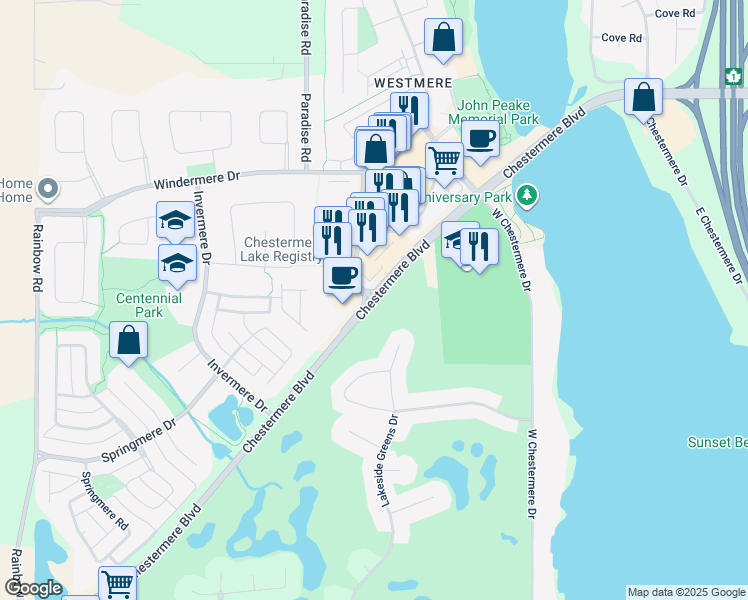 map of restaurants, bars, coffee shops, grocery stores, and more near Chestermere Boulevard in Chestermere