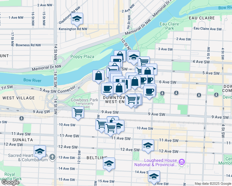 map of restaurants, bars, coffee shops, grocery stores, and more near 1100 8 Avenue Southwest in Calgary