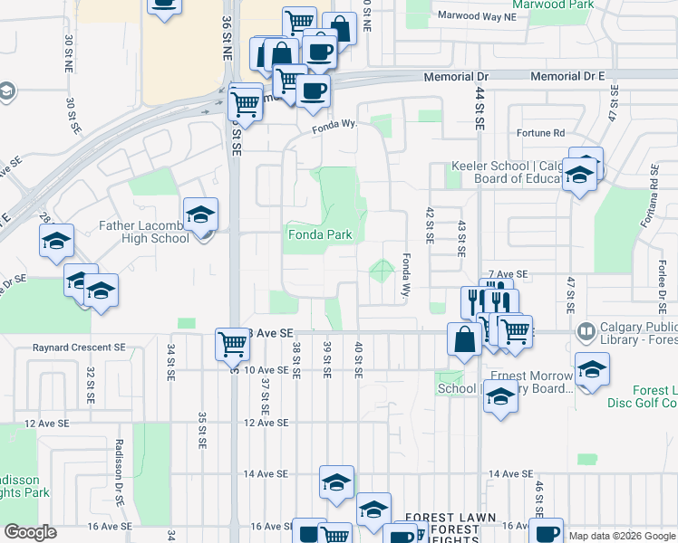 map of restaurants, bars, coffee shops, grocery stores, and more near 4023 Fonda Way Southeast in Calgary