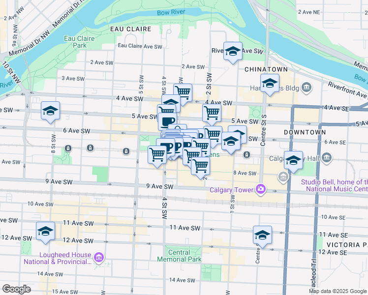 map of restaurants, bars, coffee shops, grocery stores, and more near 350 7 Avenue Southwest in Calgary
