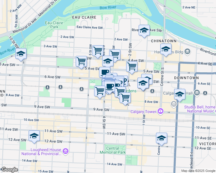 map of restaurants, bars, coffee shops, grocery stores, and more near 350 7 Avenue Southwest in Calgary