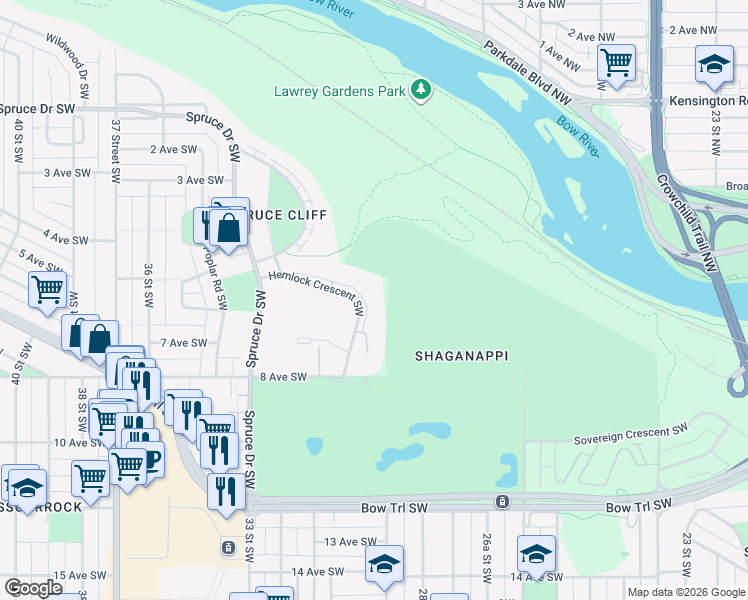 map of restaurants, bars, coffee shops, grocery stores, and more near in Calgary