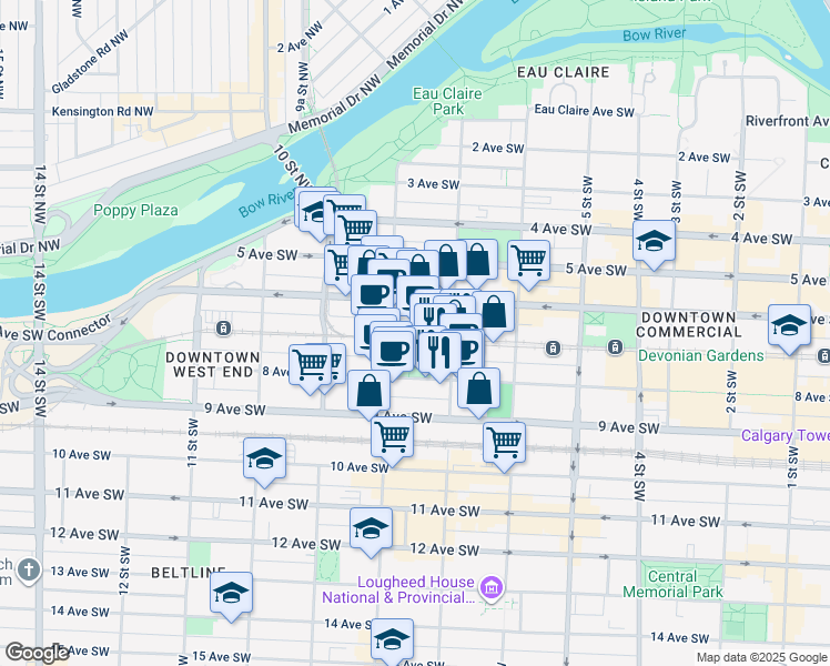 map of restaurants, bars, coffee shops, grocery stores, and more near 801 6 Avenue Southwest in Calgary