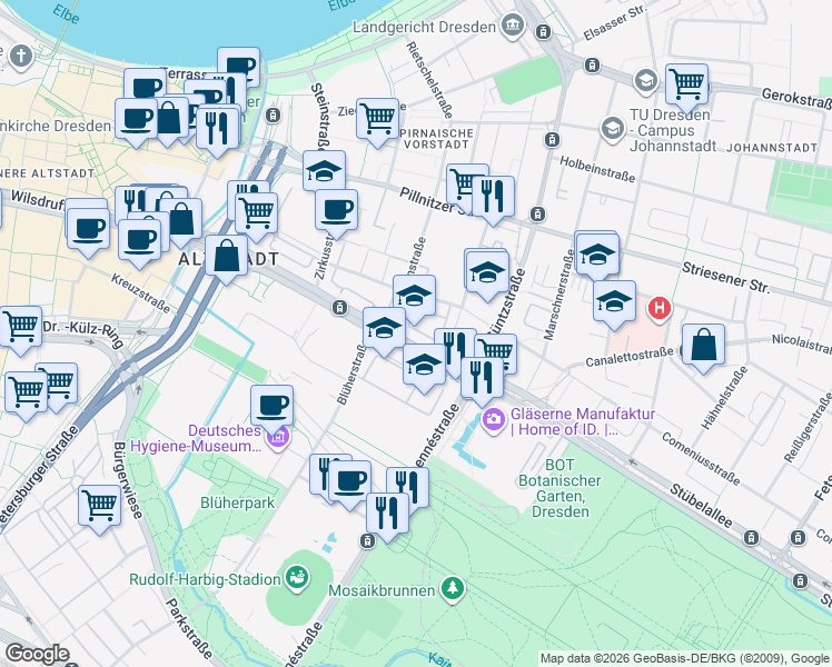 map of restaurants, bars, coffee shops, grocery stores, and more near 37 Grunaer Straße in Dresden