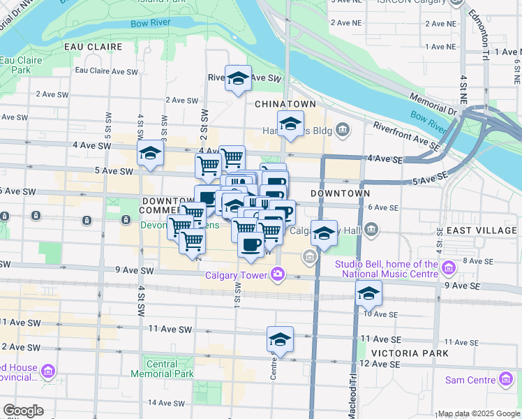 map of restaurants, bars, coffee shops, grocery stores, and more near in Calgary