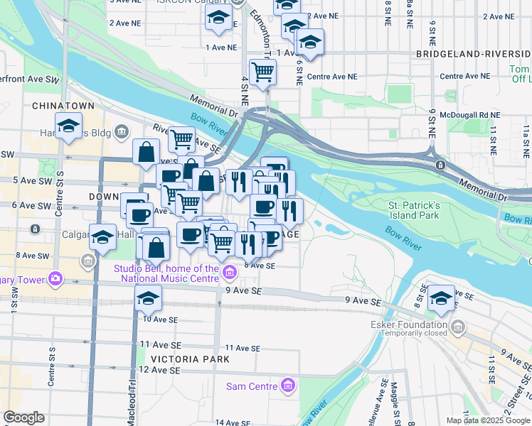 map of restaurants, bars, coffee shops, grocery stores, and more near in Calgary