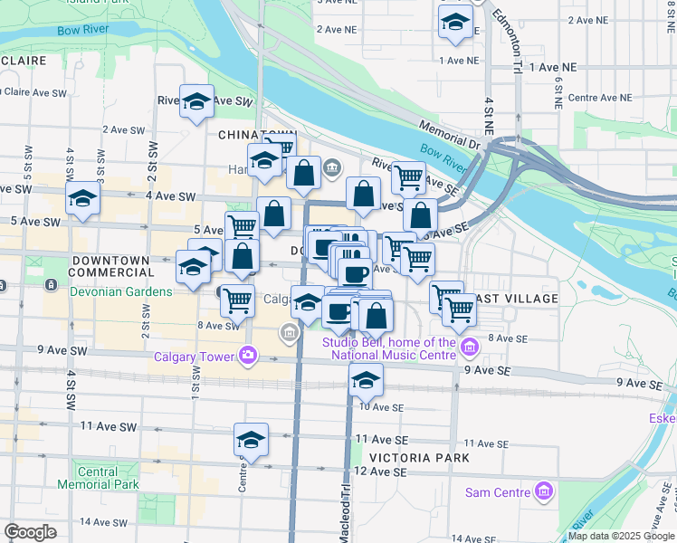 map of restaurants, bars, coffee shops, grocery stores, and more near in Calgary
