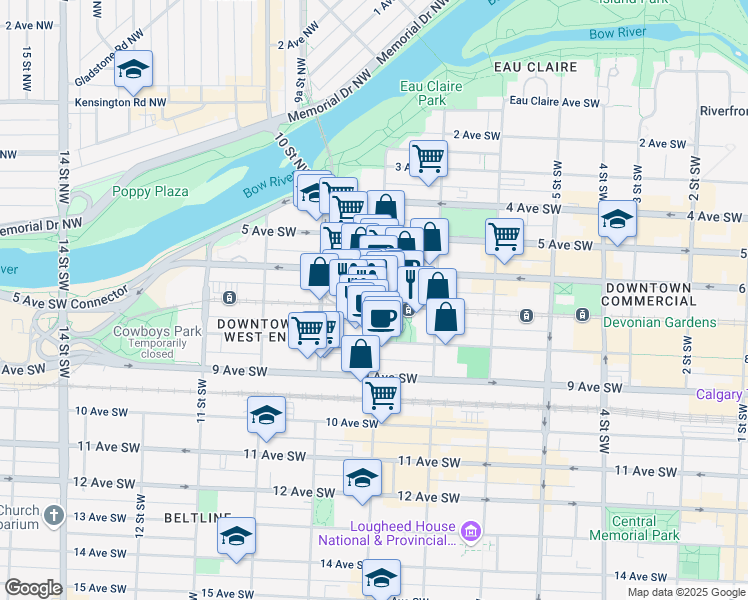map of restaurants, bars, coffee shops, grocery stores, and more near 888 7 Avenue Southwest in Calgary