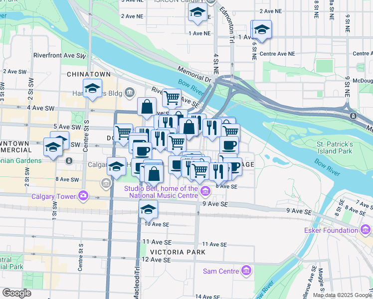 map of restaurants, bars, coffee shops, grocery stores, and more near 407 6 Avenue Southeast in Calgary