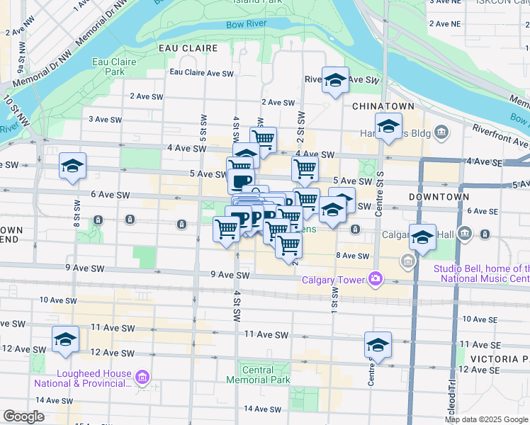 map of restaurants, bars, coffee shops, grocery stores, and more near in Calgary