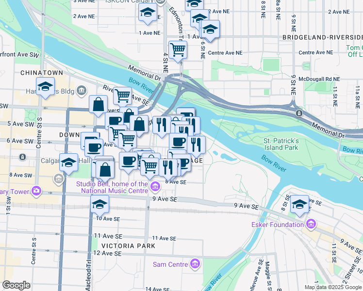 map of restaurants, bars, coffee shops, grocery stores, and more near in Calgary