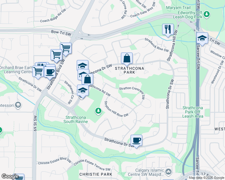 map of restaurants, bars, coffee shops, grocery stores, and more near 7 Stratton Hill Rise Southwest in Calgary
