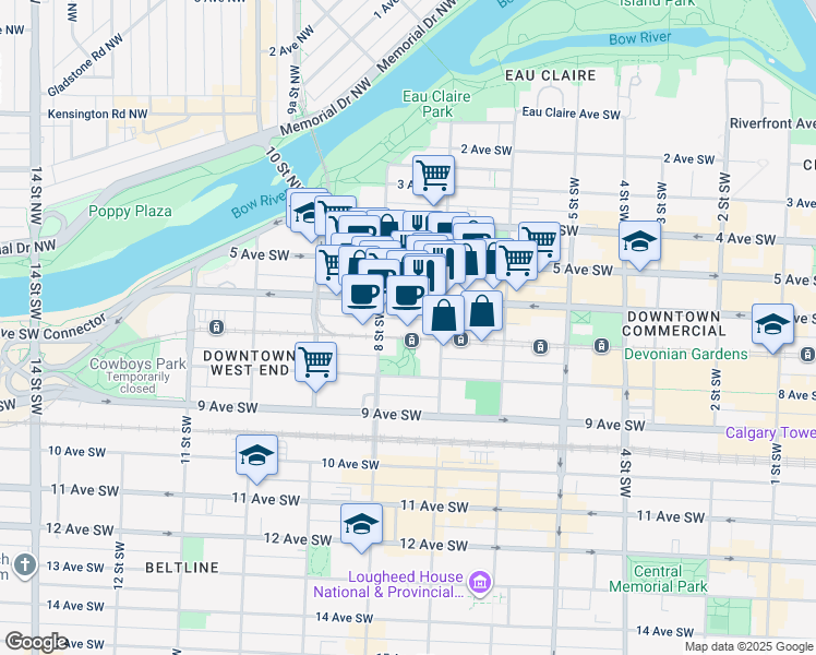 map of restaurants, bars, coffee shops, grocery stores, and more near 800 6 Avenue Southwest in Calgary