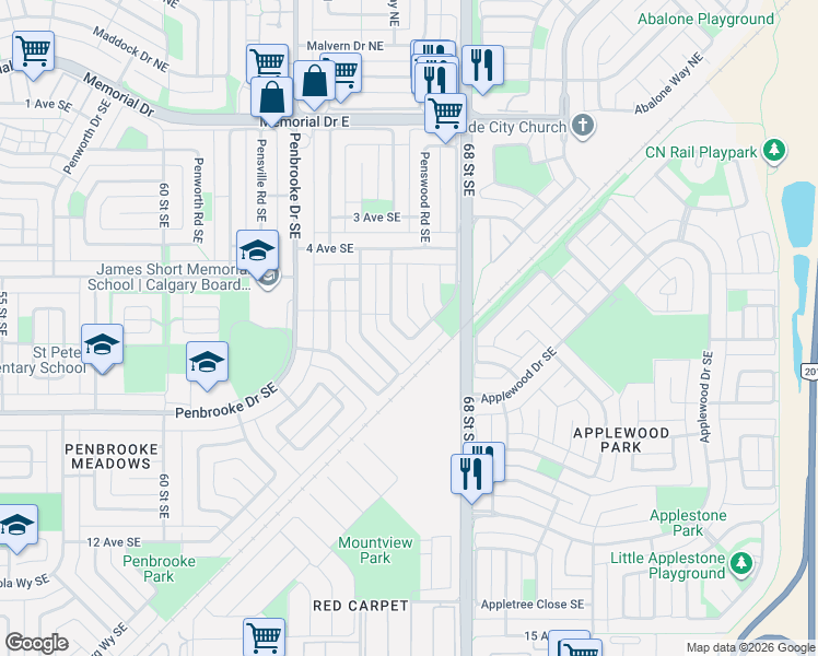 map of restaurants, bars, coffee shops, grocery stores, and more near 16 Penbrooke Place Southeast in Calgary