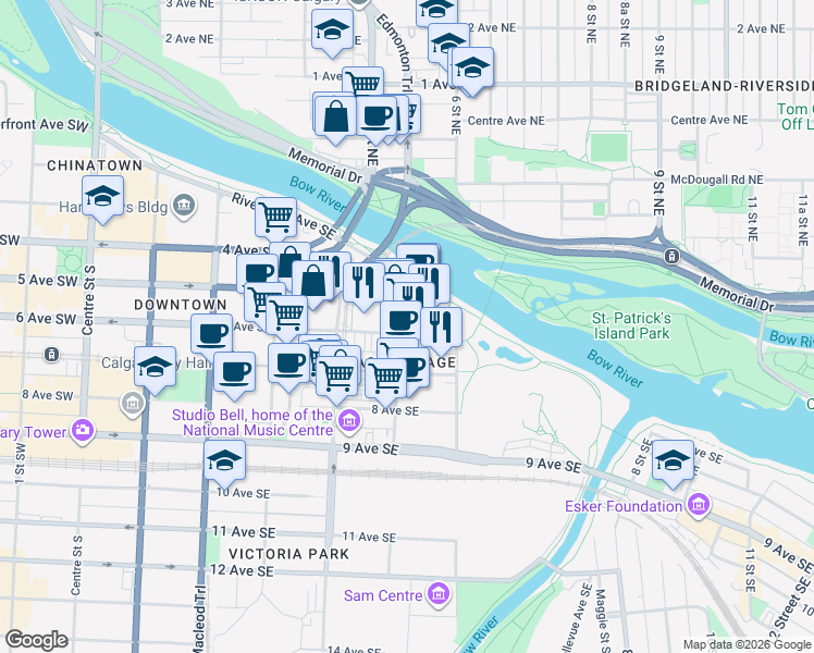 map of restaurants, bars, coffee shops, grocery stores, and more near 550 Riverfront Avenue Southeast in Calgary