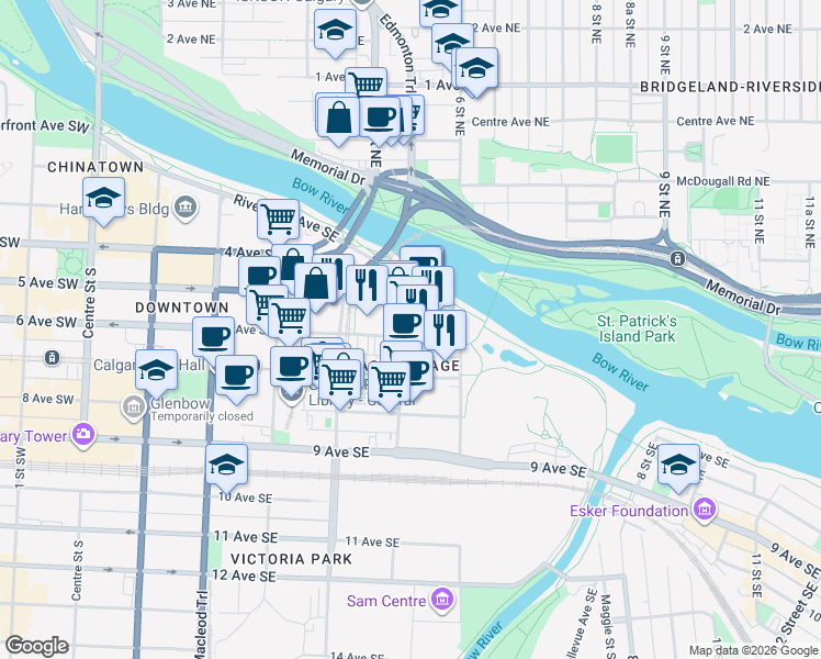 map of restaurants, bars, coffee shops, grocery stores, and more near 550 Riverfront Avenue Southeast in Calgary