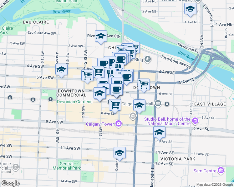 map of restaurants, bars, coffee shops, grocery stores, and more near 105 5 Avenue Southwest in Calgary