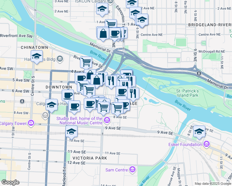 map of restaurants, bars, coffee shops, grocery stores, and more near in Calgary