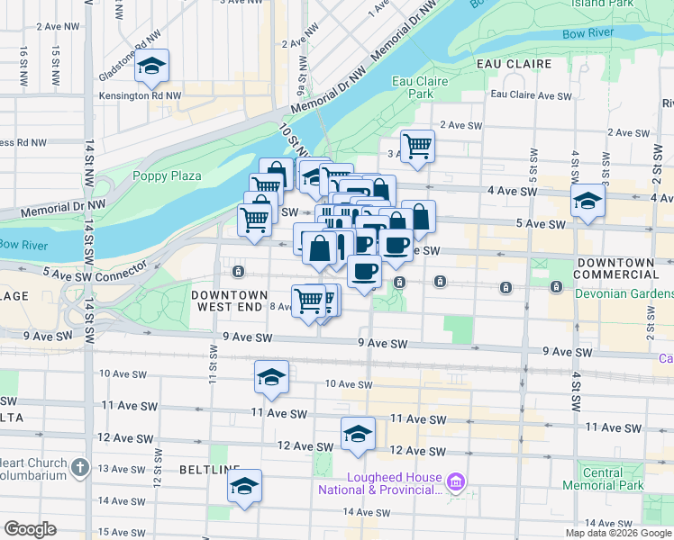 map of restaurants, bars, coffee shops, grocery stores, and more near 924 7 Avenue Southwest in Calgary