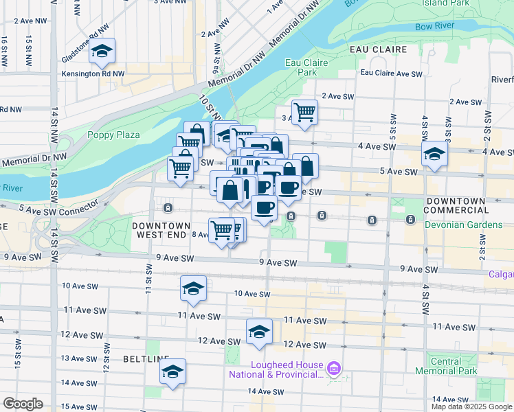 map of restaurants, bars, coffee shops, grocery stores, and more near 910 7 Avenue Southwest in Calgary