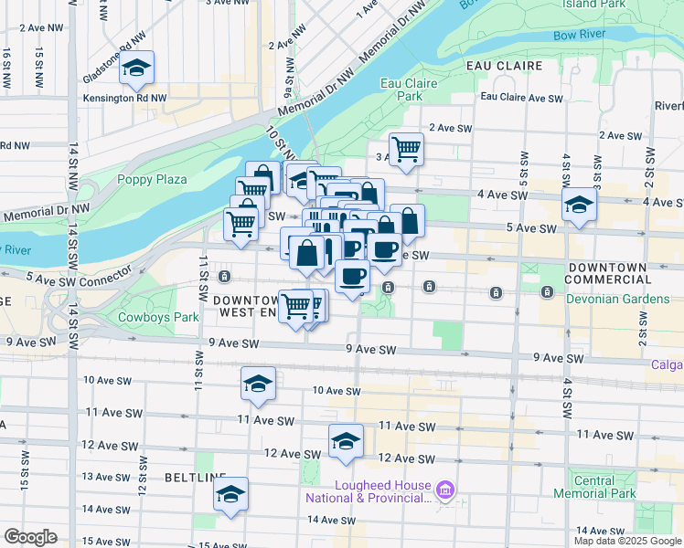 map of restaurants, bars, coffee shops, grocery stores, and more near 910 7 Avenue Southwest in Calgary