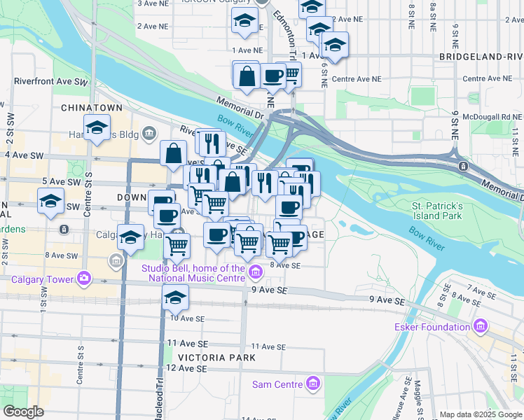 map of restaurants, bars, coffee shops, grocery stores, and more near 510 6 Avenue Southeast in Calgary