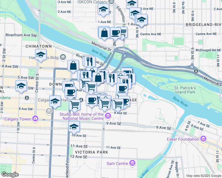 map of restaurants, bars, coffee shops, grocery stores, and more near 514 6 Avenue Southeast in Calgary