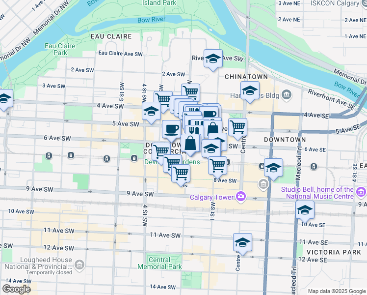 map of restaurants, bars, coffee shops, grocery stores, and more near 311 6 Avenue Southwest in Calgary