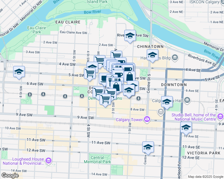 map of restaurants, bars, coffee shops, grocery stores, and more near 311 6 Avenue Southwest in Calgary