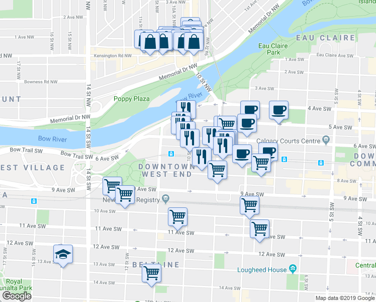map of restaurants, bars, coffee shops, grocery stores, and more near in Calgary