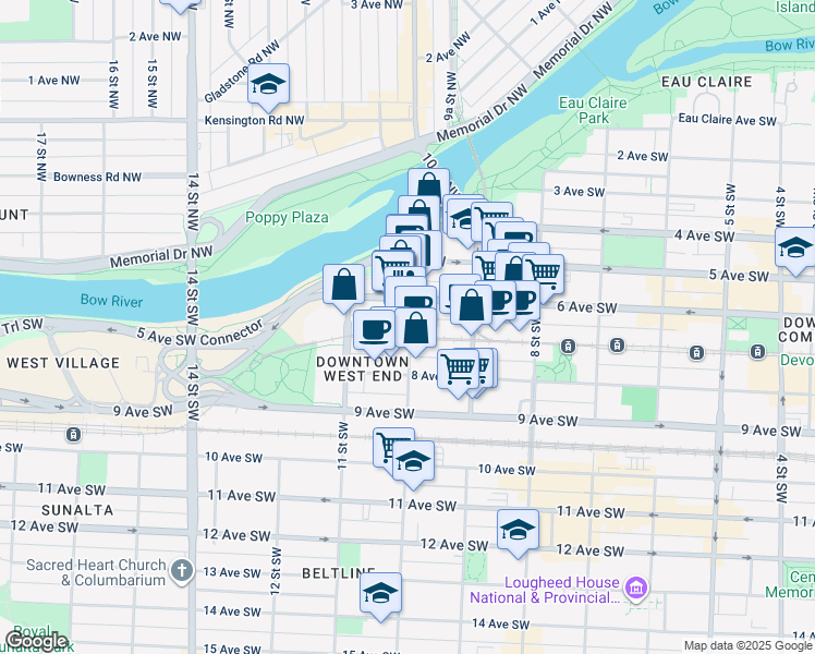 map of restaurants, bars, coffee shops, grocery stores, and more near in Calgary