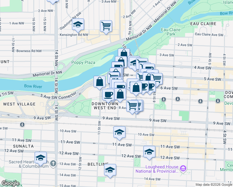 map of restaurants, bars, coffee shops, grocery stores, and more near 1111 6 Avenue Southwest in Calgary