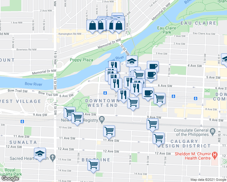 map of restaurants, bars, coffee shops, grocery stores, and more near 1111 6 Avenue Southwest in Calgary