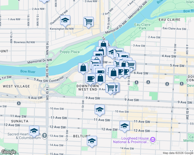 map of restaurants, bars, coffee shops, grocery stores, and more near 1111 6 Avenue Southwest in Calgary