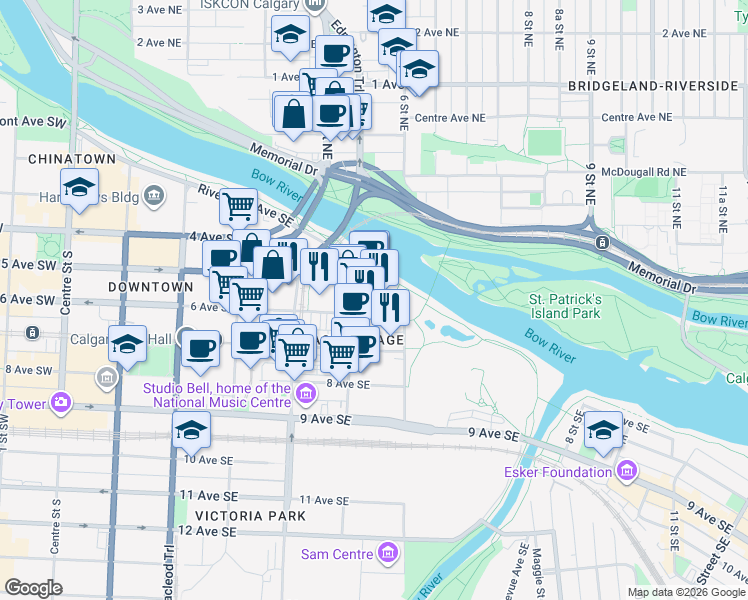 map of restaurants, bars, coffee shops, grocery stores, and more near 619 Confluence Way Southeast in Calgary