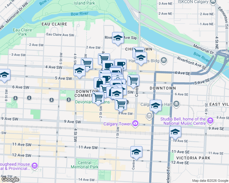 map of restaurants, bars, coffee shops, grocery stores, and more near 221 6 Avenue Southwest in Calgary
