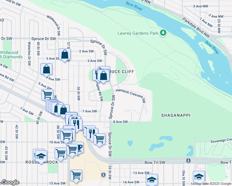 map of restaurants, bars, coffee shops, grocery stores, and more near 3380 Spruce Drive Southwest in Calgary