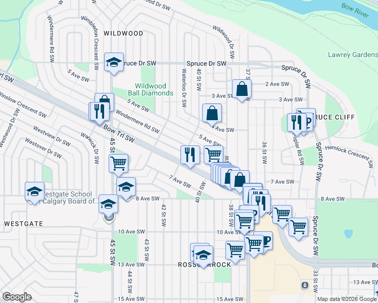 map of restaurants, bars, coffee shops, grocery stores, and more near 26 Windermere Road Southwest in Calgary