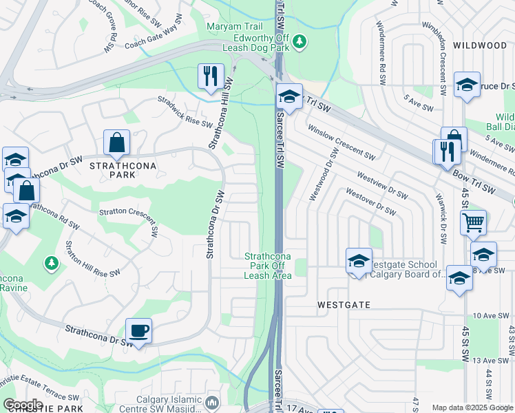 map of restaurants, bars, coffee shops, grocery stores, and more near 58 Strathcona Crescent Southwest in Calgary