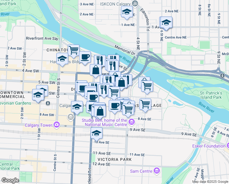 map of restaurants, bars, coffee shops, grocery stores, and more near 530 3 Street Southeast in Calgary