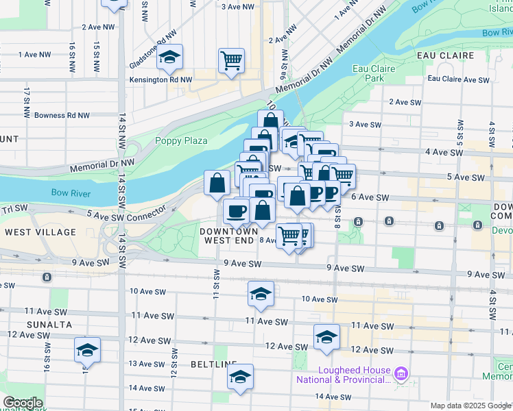 map of restaurants, bars, coffee shops, grocery stores, and more near 683 10 Street Southwest in Calgary