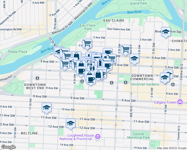 map of restaurants, bars, coffee shops, grocery stores, and more near 715 5 Avenue Southwest in Calgary