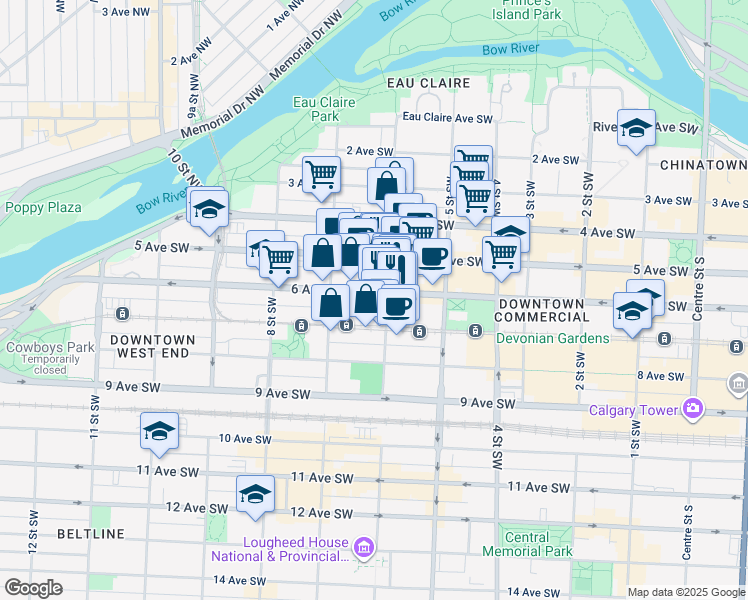 map of restaurants, bars, coffee shops, grocery stores, and more near in Calgary