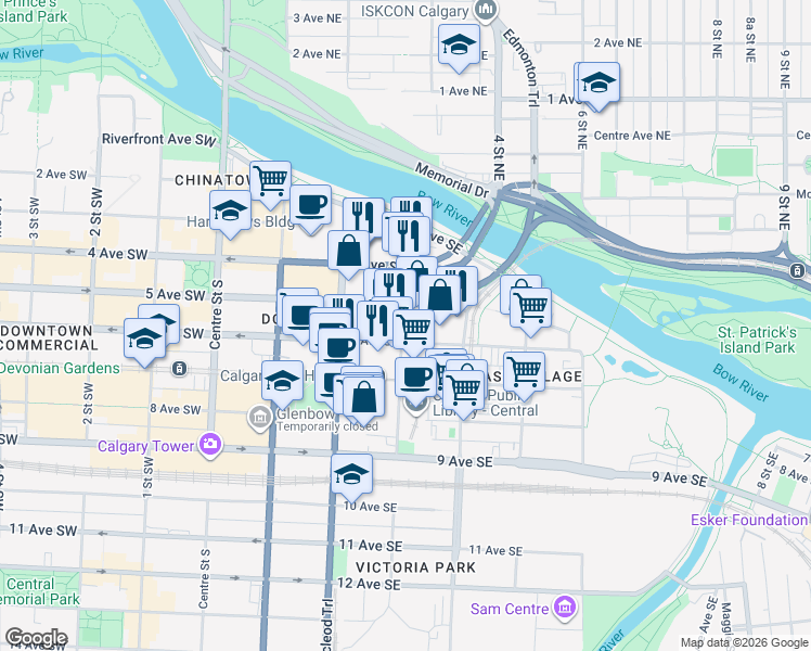 map of restaurants, bars, coffee shops, grocery stores, and more near 530 3 Street Southeast in Calgary