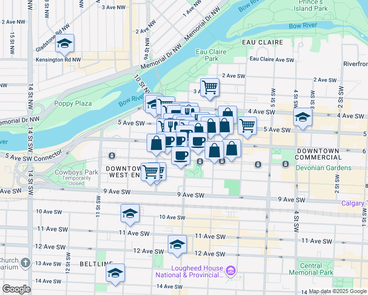 map of restaurants, bars, coffee shops, grocery stores, and more near 900 6 Avenue Southwest in Calgary