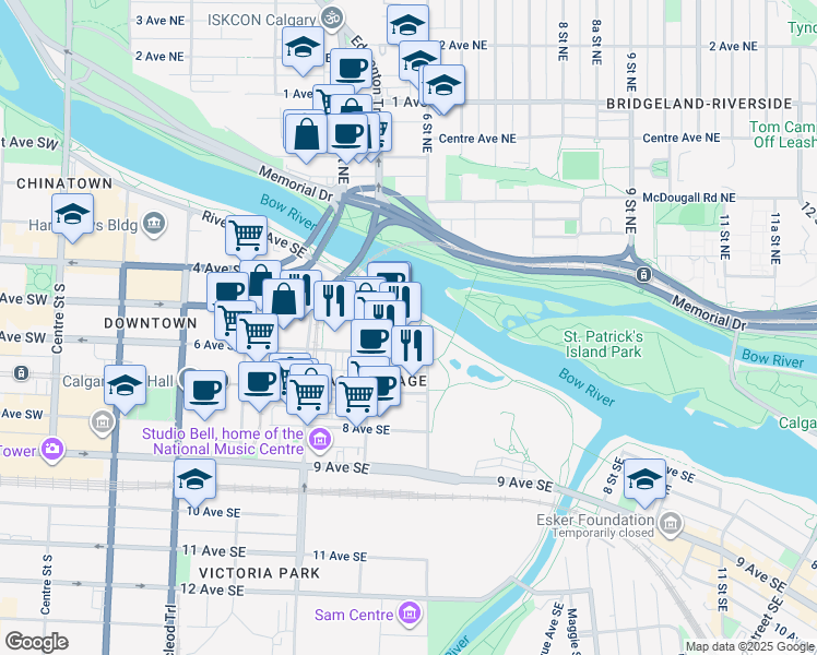 map of restaurants, bars, coffee shops, grocery stores, and more near in Calgary