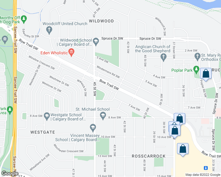 map of restaurants, bars, coffee shops, grocery stores, and more near 4415 Bow Trail Southwest in Calgary